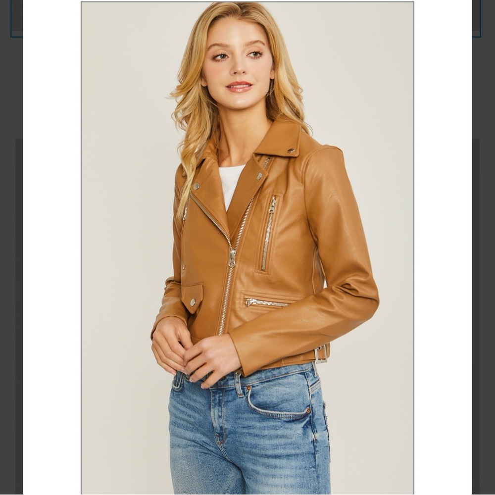 Love Tree Moto Jacket PU Vegan Leather Camel Tan Zippers 4 6 S